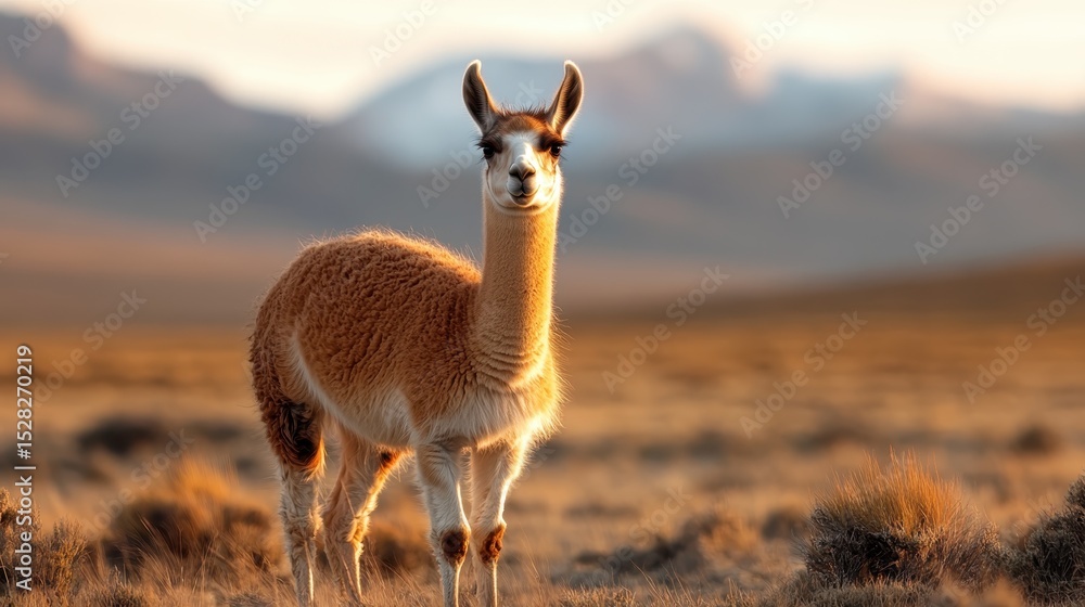 Naklejka premium A serene and inquisitive llama stands gracefully on a vast, open landscape, under soft sunlight, capturing the beauty of nature and wildlife in a tranquil setting.