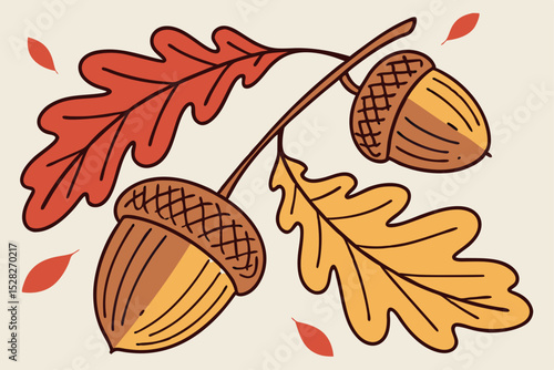 Autumn oak branch with acorns and leaves