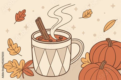 Autumnal spice drink with pumpkins and leaves