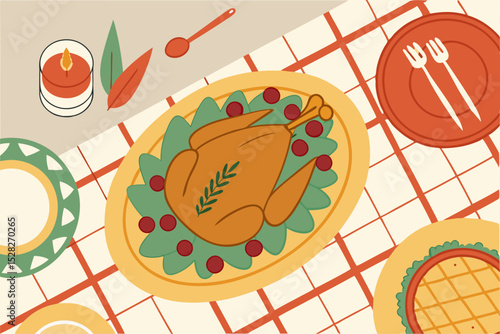 Thanksgiving dinner tabletop overhead view