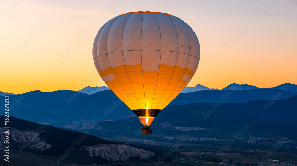 Fototapeta premium Hot air balloon floating above mountains at sunset