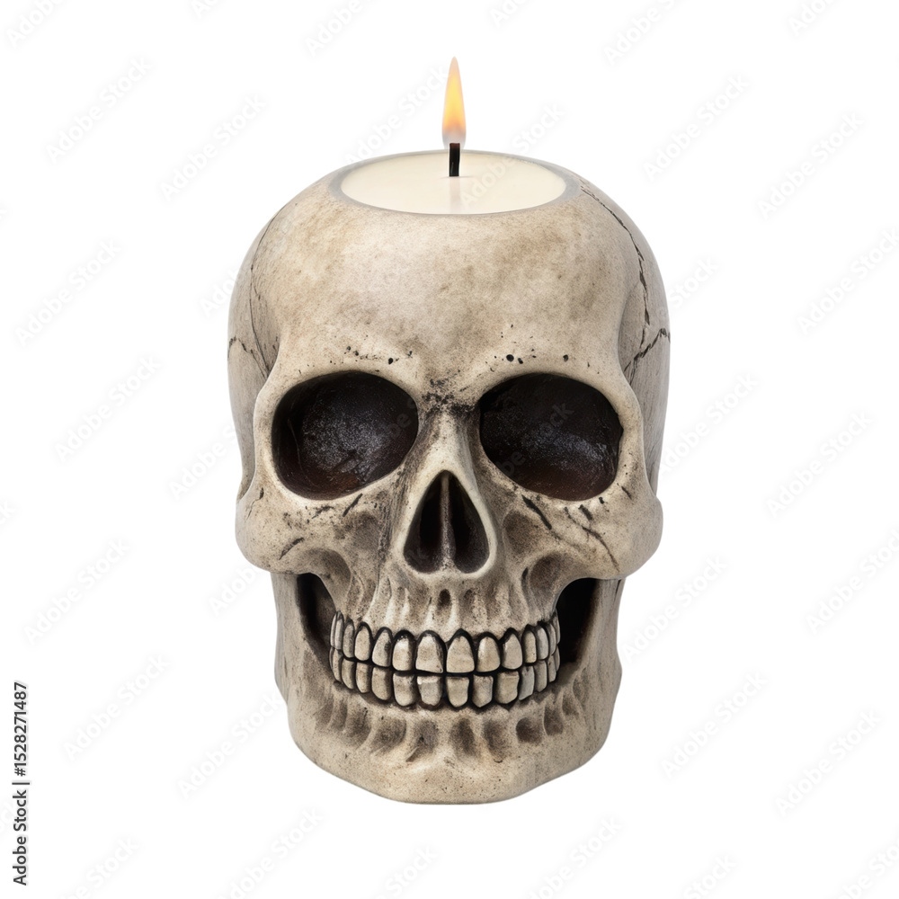 Obraz premium Skull shaped candle holder with lit candle on top creates spooky Halloween ambiance perfect for haunted house decor or Halloween parties
