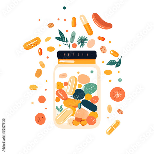 2D flat vector illustration of Vitamin Supplements, isolated on a white background.