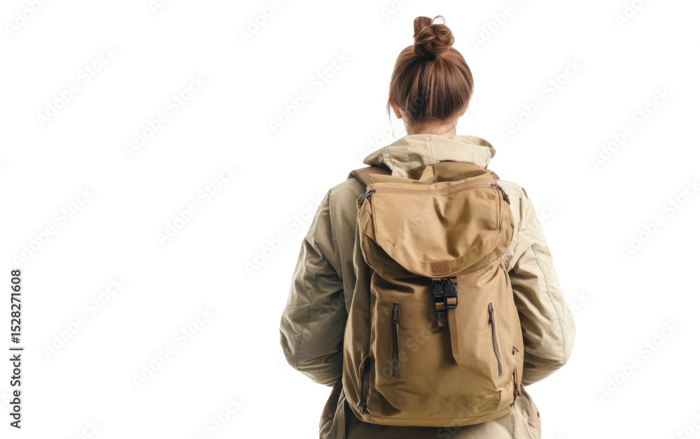 Woman wearing a tan jacket and a brown backpack Woman wearing a tan jacket and a brown backpack