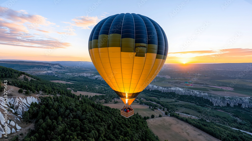 Obraz premium Peaceful sunrise view from a hot air balloon over landscape