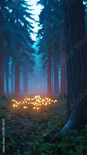 Glowing Fireflies in Misty Forest at Dusk