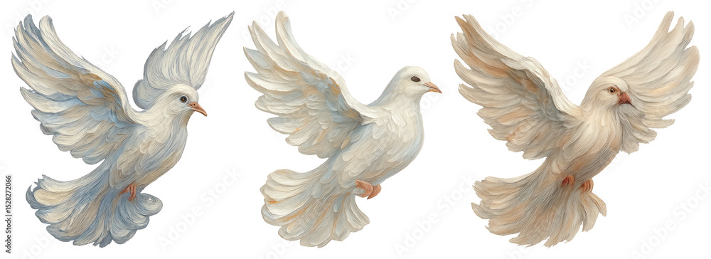 Fototapeta premium PNG Three elegant white doves flying, element set on transparent background