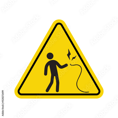 Yellow Triangle Warning Sign with Silhouette of Person Touching Live Wire, Electrical Hazard