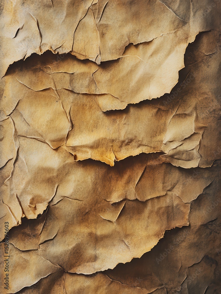 Fototapeta premium A textured piece of brown paper, featuring several jagged, torn edges, revealing its rustic, organic fibers and a slightly crumpled surface.
