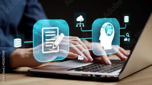 AI agent analyzing data and generating reports. Artificial intelligence and intelligent automation IA technology. Businessman using laptop computer to give instructions to AI at desk in office.