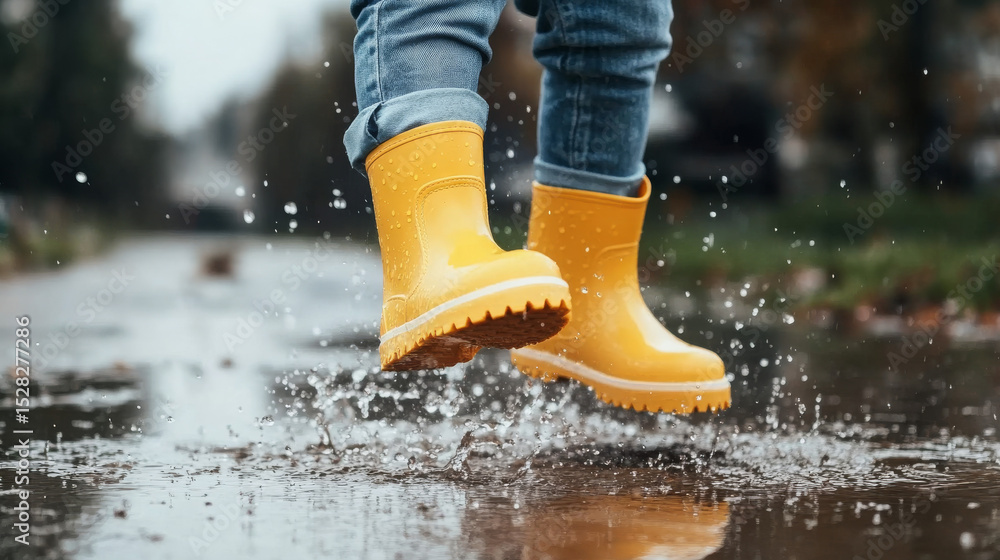 Child wearing colorful rain boots splashing in a puddle outdoors Child wearing colorful rain boots splashing in a puddle outdoors