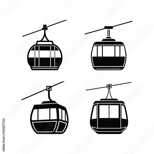 A set of cable car silhouette vector art illustration