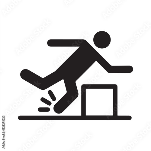 Silhouette of Person Tripping Over Box in Minimalist Black Icon Style, Safety Hazard Sign