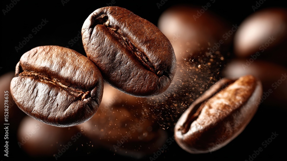 Three roasted coffee beans float against a dark background with coffee dust. Three roasted coffee beans float against a dark background with coffee dust.