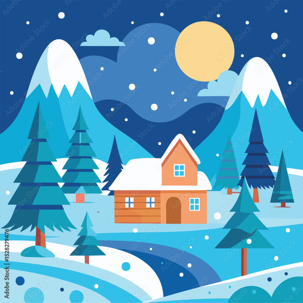 Fototapeta premium Snow-Covered House Surrounded by Trees in Peaceful Winter Scene