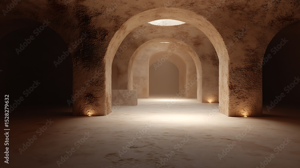 Naklejka premium ancient stone underground tunnel with arches illuminated by soft warm lighting creating a mysterious atmosphere.