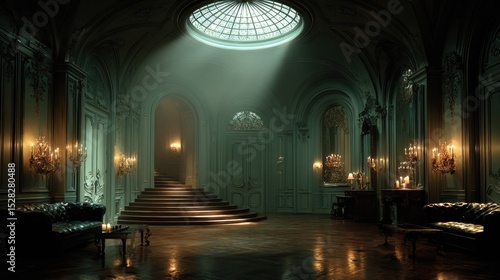A grand hall with ornate details is illuminated by a skylight above stairs.