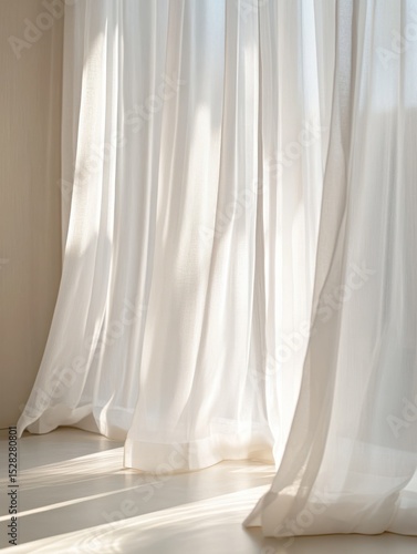  Soft focus photography of sunlight filtering through sheer white curtains  Soft Focus Light Streaming Through Sheer Curtains Creating Warm Ambiance Indoor Window Scene