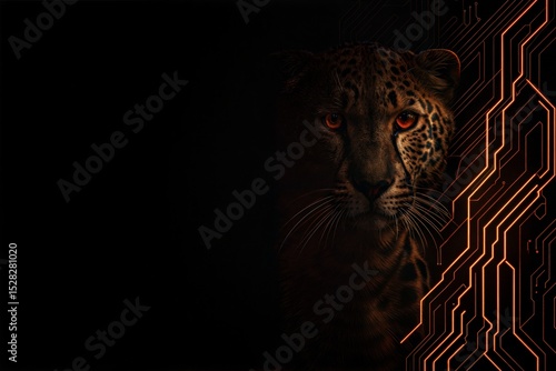 leopard on black background, wallpaper abstract glowing futuristic lines
