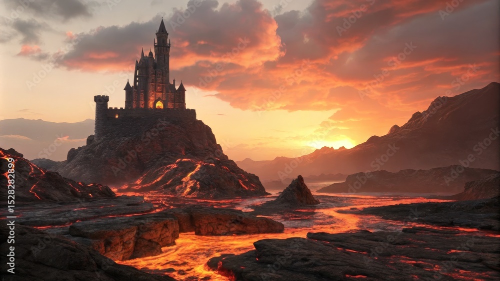 Fototapeta premium Volcanic Sunset Castle Digital Painting, Fiery Landscape, Fantasy Architecture, Lava, Castle, Digital Art Fantasy Art, Lava Flow