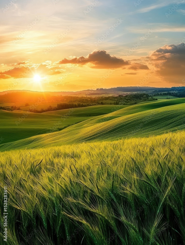 Obraz premium A serene sunset over a lush green field