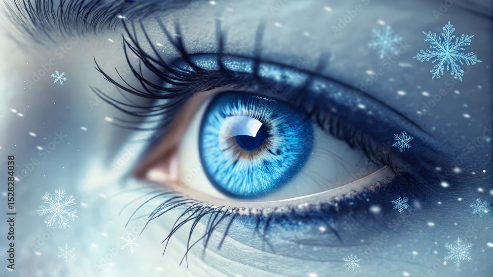 Obraz premium Winter's Gaze Close-up Eye Composition with Snowflakes, Blue Iris, Fantasy Concept, Photography, Digital Art Winter Wonderland, Frozen Eye