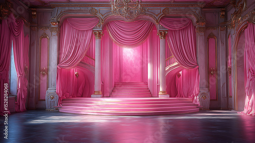 Grand Pink Ballroom Interior with Elegant Staircase and Draped Curtains