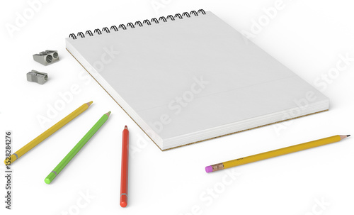 Blank vertical spiral sketchbook with colored pencils and metal pencil sharpeners, isolated on white background. Minimalist workspace, top view. Perfect for drawing, sketching, creative design, educat