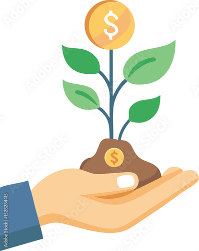 A hand planting a seed that is growing into a small money tree, metaphorical icon for venture capital or seed funding.
