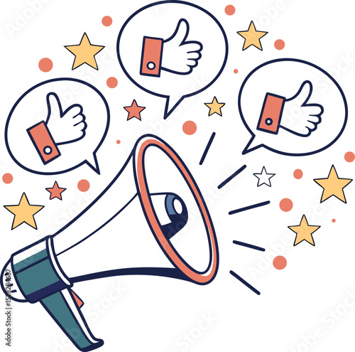  A megaphone emitting speech bubbles that contain positive symbols like stars and thumbs-up, clean vector style.