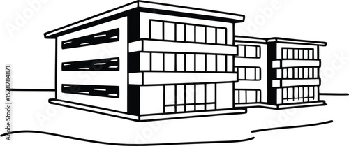 A modern office building with multiple floors, simple vector icon, representing a corporate headquarters.