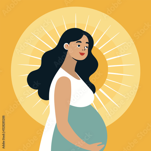 pregnant woman minimalist sun behind tiny vector