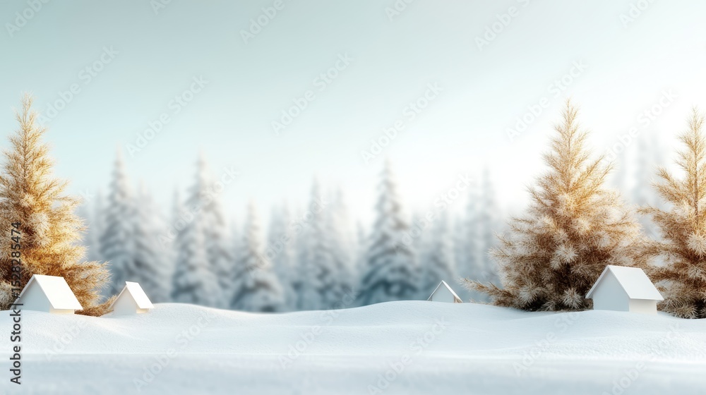 Fototapeta premium A tranquil winter landscape showcases fluffy snow covering the ground, accented by lonely trees and tiny houses, evoking feelings of peace and simplicity in nature.