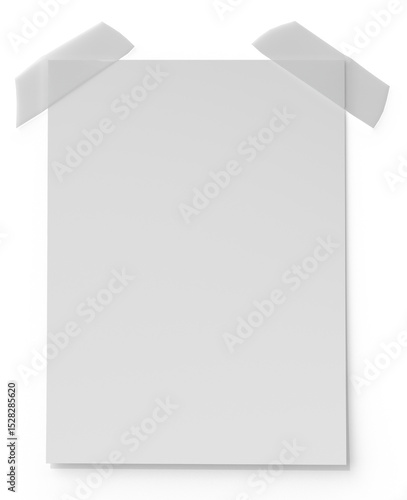 Vertical blank paper sheet attached with transparent tape on white background. Realistic stationery mockup for design or presentation.