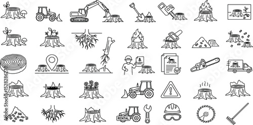  Stump service line icon set. Vector pictograms of chainsaw, excavator, grinder, mulch, ant decomposition, helmet, gloves, planter,