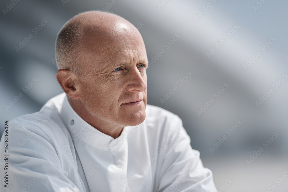 Fototapeta premium thoughtful yacht designer portrait on clean ultrabright background positioned on left side of frame