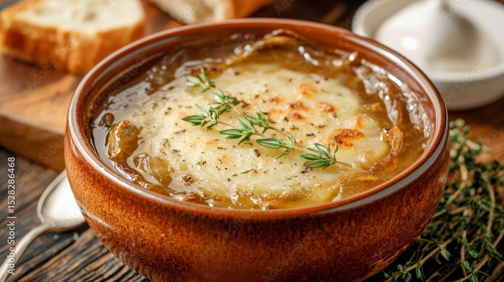 French Onion Soup Close-up, Brown Bowl, Cheese Crouton, Thyme, Rustic, FrenchCuisine French Onion Soup, French Cuisine French Onion Soup Close-up, Brown Bowl, Cheese Crouton, Thyme, Rustic, FrenchCuisine French Onion Soup, French Cuisine