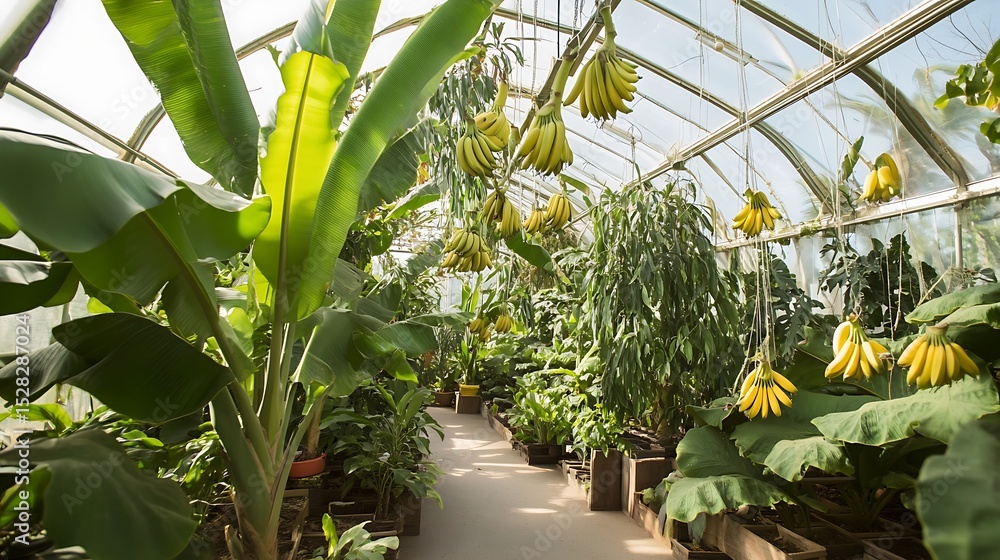 Obraz premium fruit plant with wide tropical leaves and hanging banana