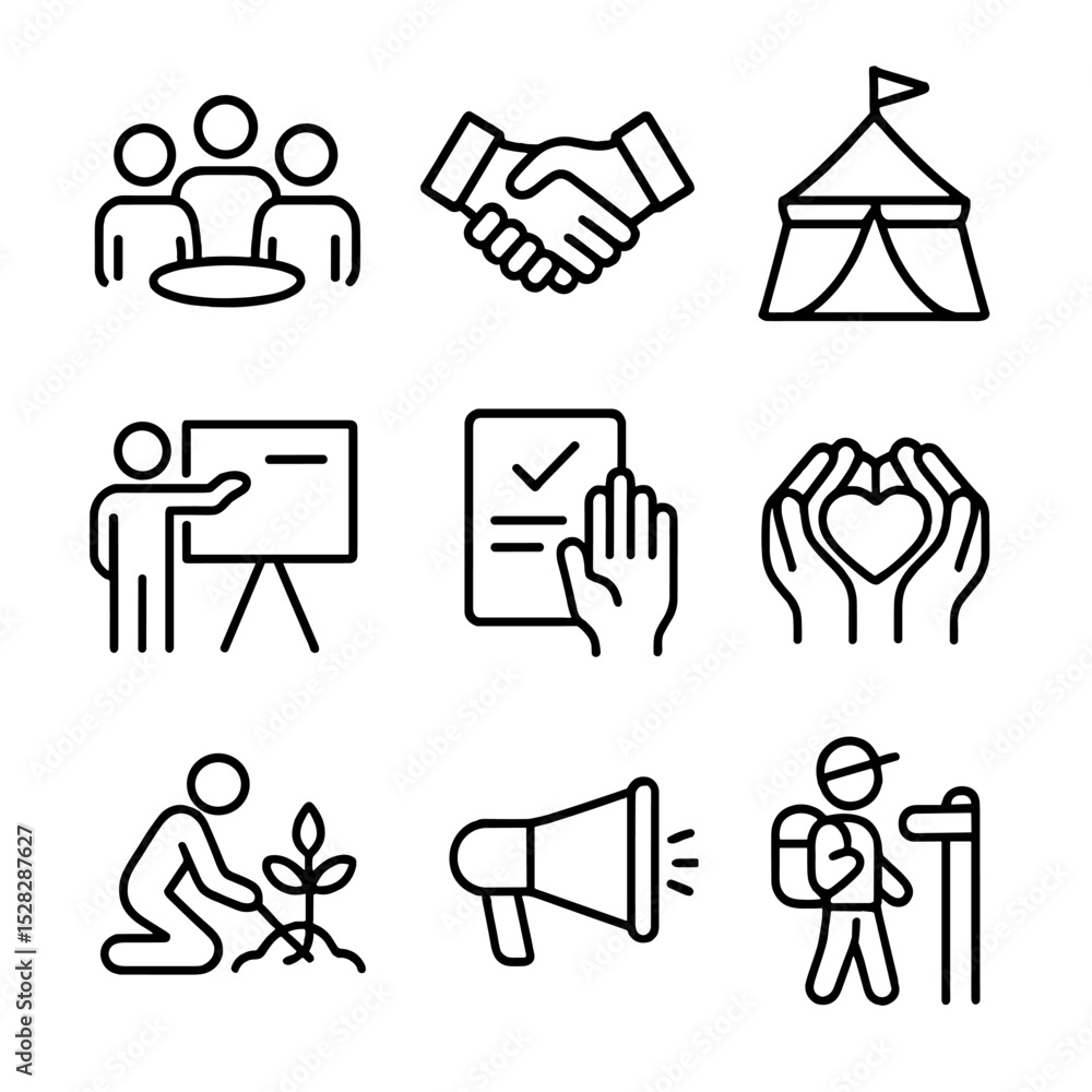 Community Program Icons. Outline icon set of community involvement programs: group meeting, handshake, workshop tent, presentation Community Program Icons. Outline icon set of community involvement programs: group meeting, handshake, workshop tent, presentation