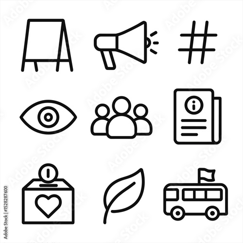 Awareness Campaign Icons. Outline icon set of public awareness campaigns: poster stand, megaphone, social media hashtag, eye icon,