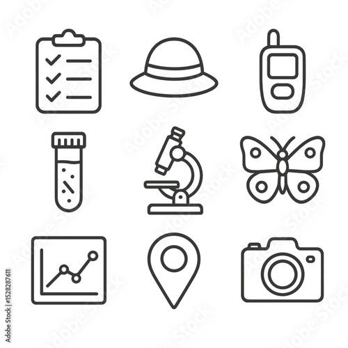 Biodiversity Survey Icons. Outline icon set of biodiversity survey expeditions: clipboard checklist, surveyor hat, GPS device,