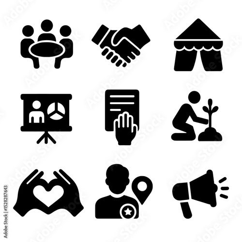Community Programs Icons. Solid, Filled icon set of community involvement programs: group meeting, handshake, workshop tent,