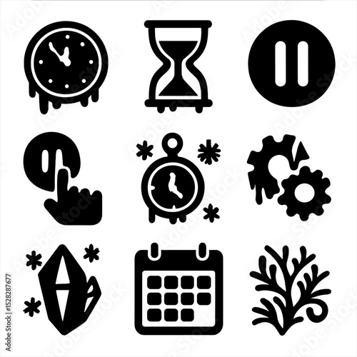 Frozen Time Icons. Solid, Filled icon set of time freeze scenario: frozen clock, icicle hourglass, pause button, hand pressing