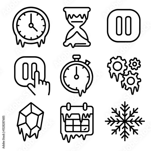 Frozen Time Icons. Outline icon set of time freeze scenario: frozen clock, icicle hourglass, pause button, hand pressing pause,