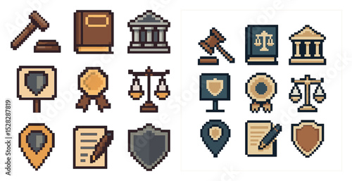 Law and justice pixel art icons set – legal, court, attorney symbols