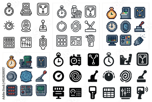 Retro gaming pixel art icons set – arcade, joystick, video game symbols