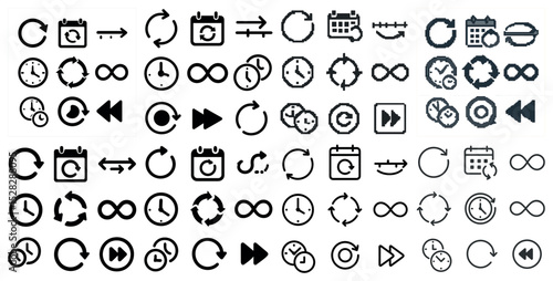 Time and date icons set – pixel art, clocks, calendar symbols for scheduling