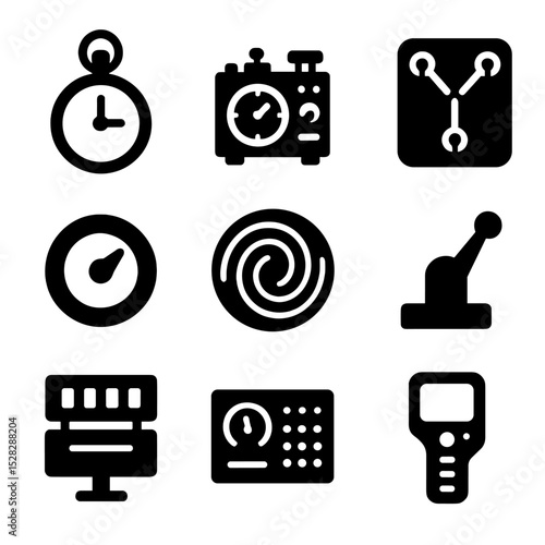 Time Travel Icons. Solid, Filled icon set of time travel devices: pocket watch, time machine console, flux capacitor, dial knob,
