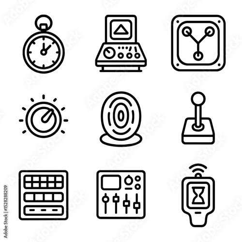 Time Travel Icons. Outline icon set of time travel devices: pocket watch, time machine console, flux capacitor, dial knob, time