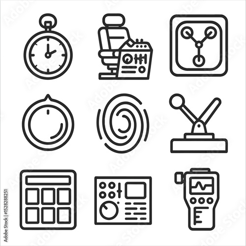 Time Travel Icons. Outline icon set of time travel devices: pocket watch, time machine console, flux capacitor, dial knob, time